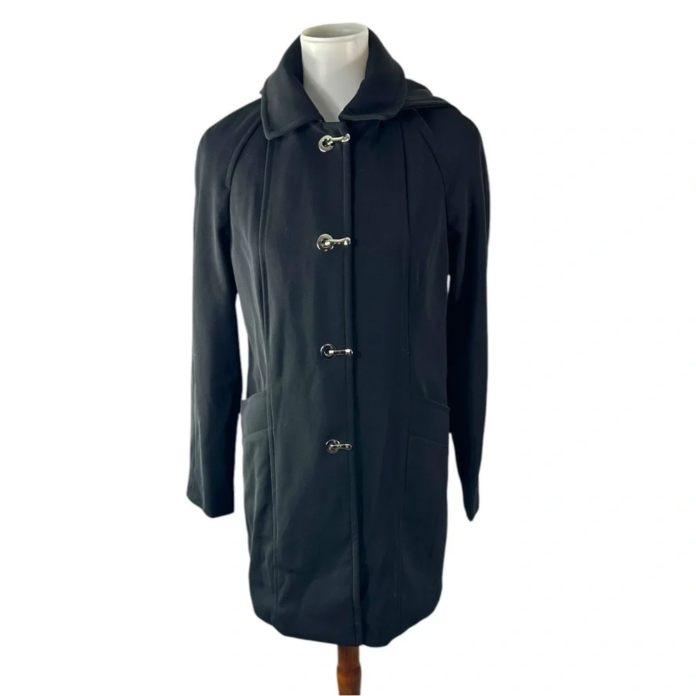 London Fog Hooded Rain Black Coat Toggle Button Removable Hood Size Petite Small